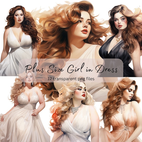 Plus Size Mode Mädchen Kleid Aquarell Clipart Bundle, transparentes PNG, digitaler Download, Kartenherstellung, Lady Boss Clipart, kommerzielle Nutzung