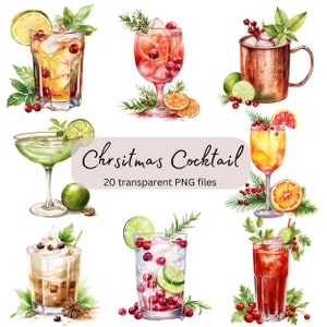 Christmas Cocktail Clipart Aquarelle Bundle, PNG transparent, Boissons de Noël, Téléchargement numérique, Fabrication de cartes Scrapbooking, Utilisation commerciale