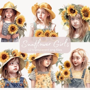 Süße Sonnenblume Mädchen Aquarell Clipart Bundle, transparent PNG, digitaler Download, Mädchen Karte machen Scrapbook Junk Journal kommerzielle Nutzung