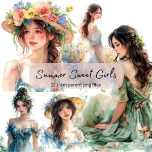 Paquete de imágenes prediseñadas de acuarela de Summer Sweet Girls, PNG transparente, descarga digital, creación de tarjetas, ilustración de personas de diario basura, uso comercial