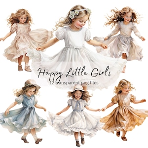 Glückliche kleine Mädchen Aquarell Clipart Bundle, transparentes PNG, sofortiger Download, Vintage süße Mädchen Papier Handwerk, Card Making Junk Journal