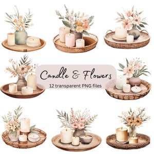 Neutral Candle Flowers Watercolor Clipart Bundle, Transparent PNG, Digital Download, Home Decoration Card Making, Junk Journaling, Scrapbook