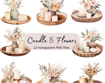 Neutral Candle Flowers Watercolor Clipart Bundle, Transparent PNG, Digital Download, Home Decoration Card Making, Junk Journaling, Scrapbook