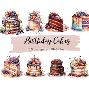 Birthday Cakes Clipart Bundle,Transparent PNG,Summer clipart, Digital Download, Watercolor Clipart,Food Clipart, Card Making, Commercial Use