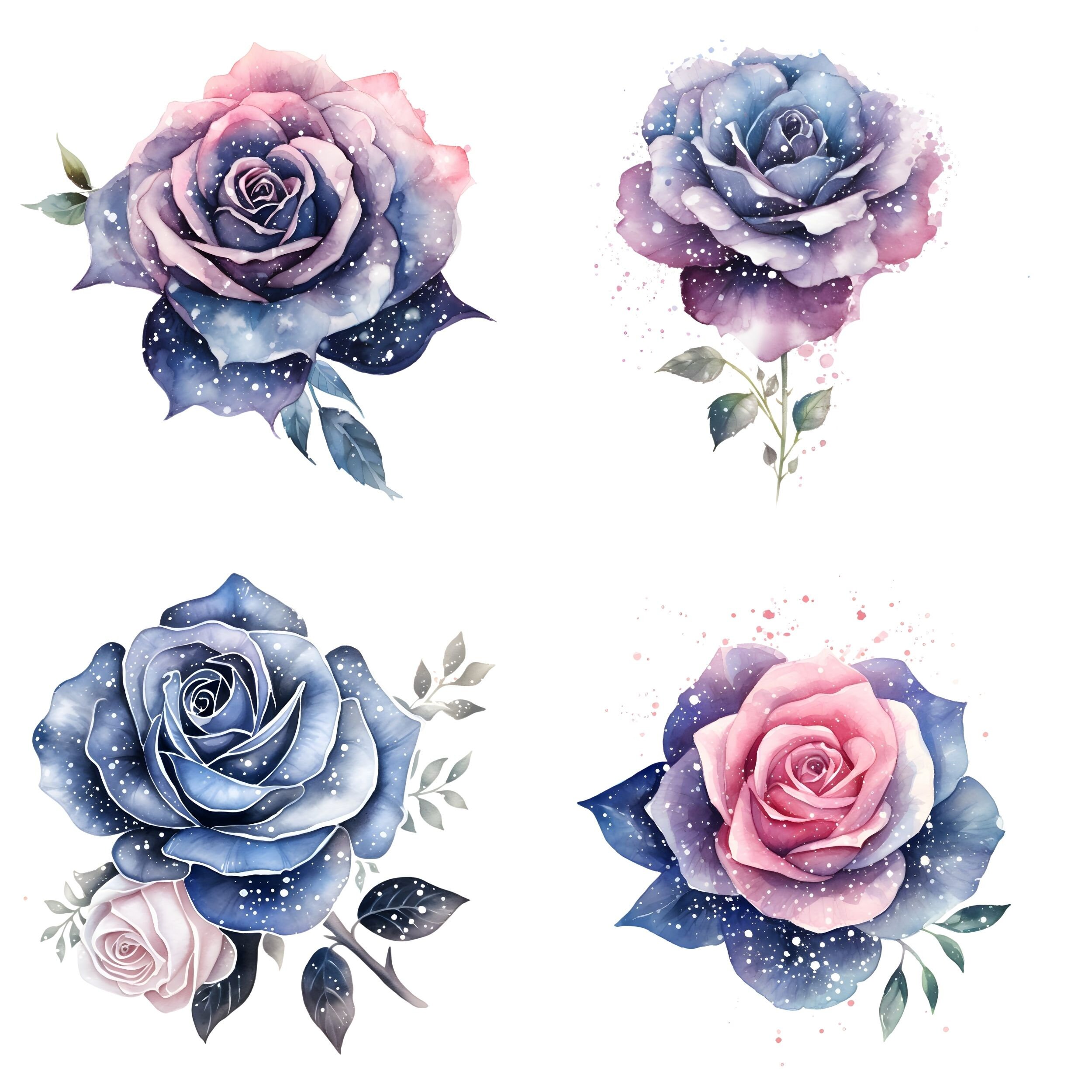 Galaxy Glitter Rose Watercolor Clipart Bundle, Transparent PNG, Digital ...