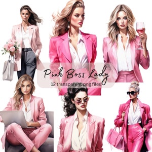 Pacchetto di clipart acquerello rosa Business Lady, PNG trasparente, download digitale, donna che fa carte, illustrazione del capo della signora, uso commerciale