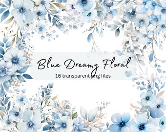 Può includere: Un'illustrazione ad acquerello di un bordo floreale blu con il testo "Blue Dreamy Floral" e "16 file png trasparenti".
