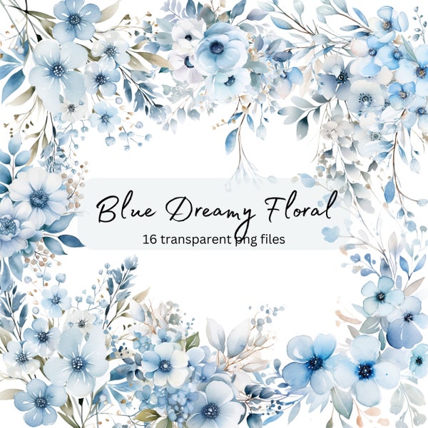 Blue Dreamy Floral Watercolor Clipart Bundle, Transparent PNG, Digital Download Card Making, Wedding Flowers Frame Border, Commercial Use