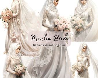 Muslim Bride Watercolor Clipart Bundle, Transparent PNG, Wedding Romantic clipart, Digital Download, Scrapbook Card Making, Commercial Use