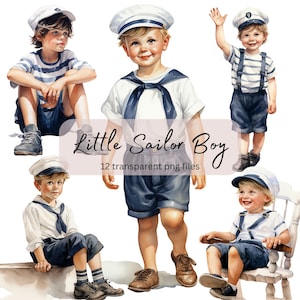 Petit marin garçon aquarelle Clipart Bundle, PNG Transparent, téléchargement numérique, fabrication de cartes, mignon garçon clipart Illustration, usage Commercial