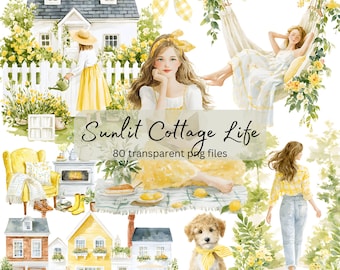Sunlit Cottage Life, Cozy Summer Watercolor Clipart Bundle, Transparent PNG, Digital Download, Card Making Scrapbooking, Junk Journal Girl
