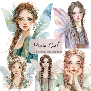 Puede incluir: Ilustraciones en acuarela de hadas con cabello trenzado y alas delicadas. Las imágenes presentan colores suaves, detalles florales y el texto "Pixie Girl" con "12 transparent png files". La obra de arte tiene un tema caprichoso y etéreo.