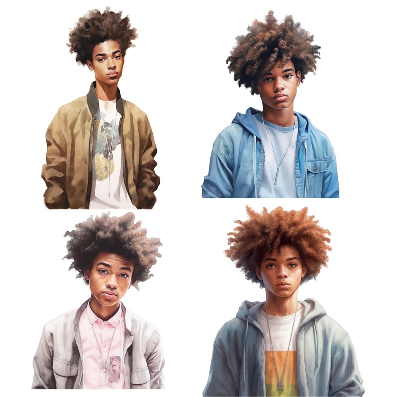 May include: Four portraits of young men with different hairstyles and clothing. Each man is wearing a casual outfit, including a jacket, a hoodie, and a shirt. The men are all looking at the camera.