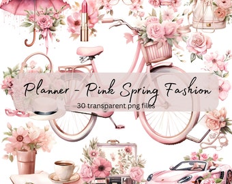 May include: A set of 30 pink spring fashion planner clipart images. The images include a bicycle with a basket of flowers, a pink car, a makeup case, a cup of coffee, a notebook, a pair of glasses, a hat, an umbrella, and flowers.