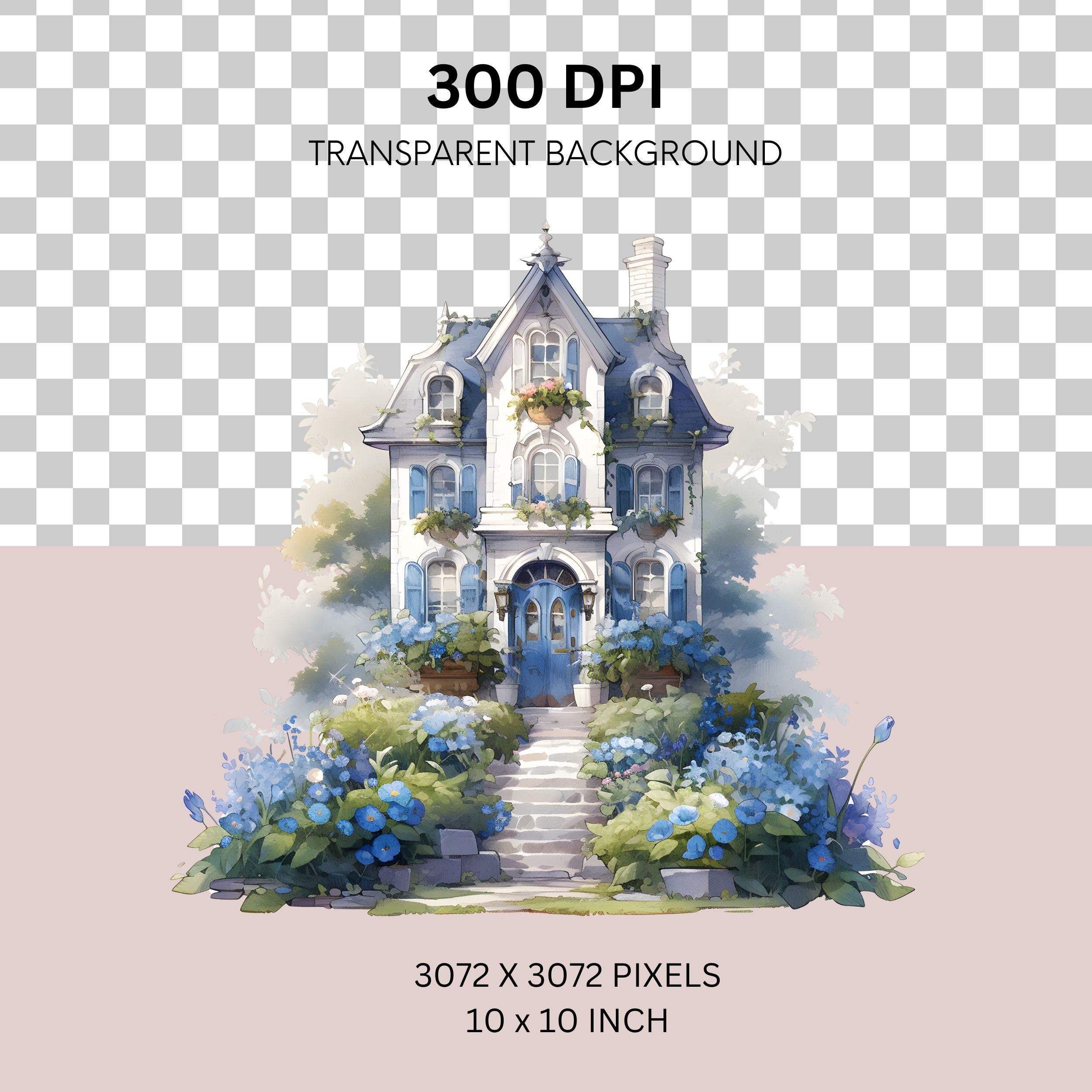 Blue Cottage House Watercolor Clipart Bundle, Transparent PNG Landscape ...