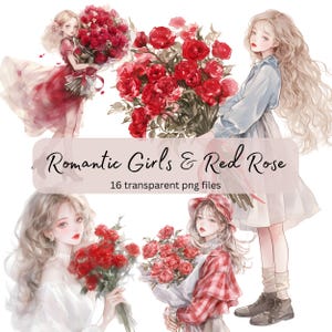 Meninas românticas e rosas vermelhas aquarela clipart, PNG transparente, download digital, cartão fazendo mulher bonita senhora, dia dos namorados anime meninas