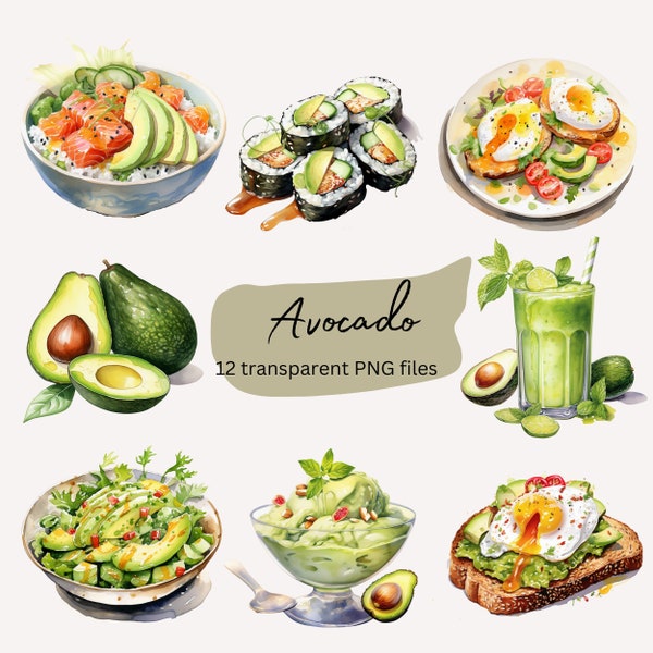 Avocado Watercolor Clipart Bundle, Transparent PNG, Digital Download, Salad Food Dish Drink Sushi, Card Making, Junk Journal, Commercial Use