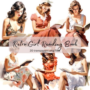 Pacote de clipart de aquarela de leitura de menina retrô, PNG transparente, menina bonita vintage, artesanato em papel, álbum de recortes de diário de lixo, uso comercial