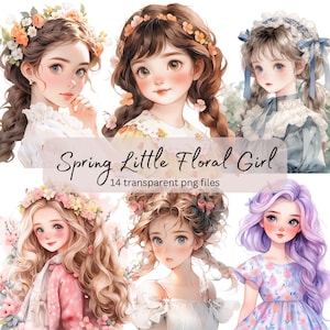 Spring Little Floral Girl Watercolor Clipart , Transparent PNG, Digital Download, Card Making, Cute Anime girl Illustration, Commercial Use