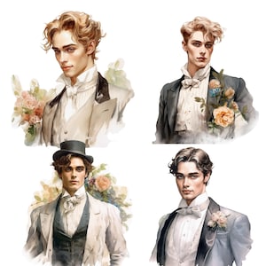 Victorian Young Men Vintage Watercolor Clipart Bundle Transparent PNG