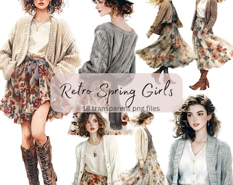 Retro Spring Girl Watercolor Clipart, Transparent PNG, Digital Download, Card Making Papercraft, Fashion Illustration, Cottagecore Girls