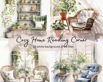 Cozy Home Reading Corner Clipart Bundle, High Res JPEGs, Watercolor Illustration, Digital Download, Card Making, Junk Journal,Commercial Use