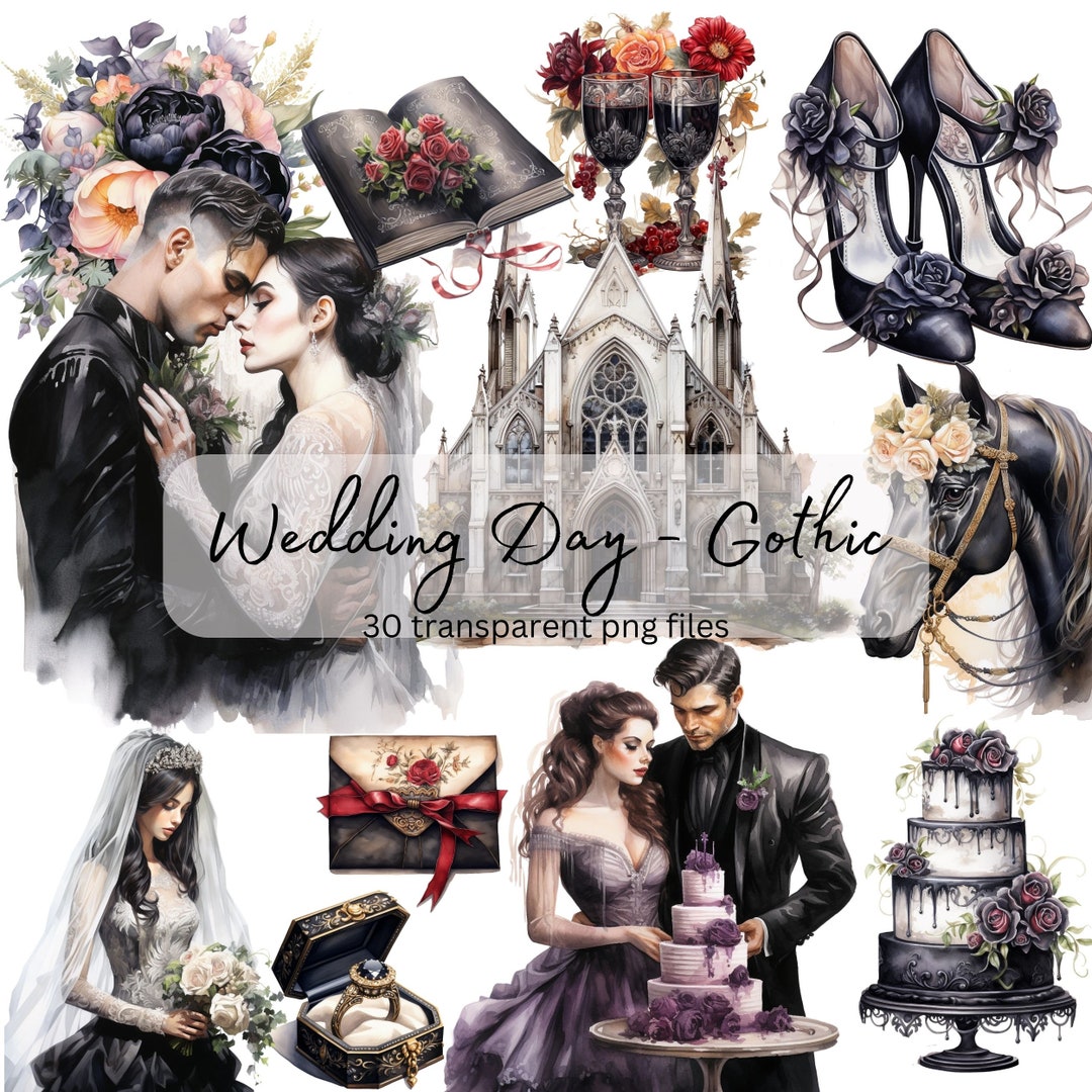 Gothic Wedding Day Clipart Bundle Watercolor, Transparent PNG, Bride