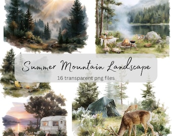 Zomer bergen camping aquarel clipart, transparante png, landschap clipart, instant download, plakboek, ongewenste dagboek, commercieel gebruik