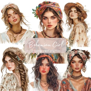 Boho Girl Aquarelle Clipart Bundle, PNG transparent, Téléchargement numérique, Femme de fabrication de cartes, Illustration clipart de mode, Utilisation commerciale
