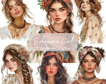 ボヘミアンガール水彩画クリップアートバンドル、透明PNG、デジタルダウンロード、カードを作る女性、ファッションクリップアートイラスト、商用利用