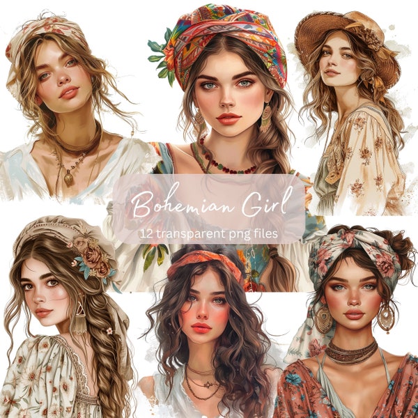 Bohemian Girl Watercolor Clipart Bundle, Transparent PNG, Digital Download, Card Making Woman, Fashion clipart Illustration ,Commercial Use