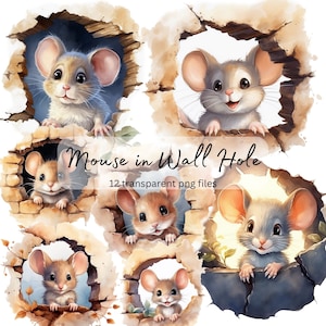 Ratón en agujero de pared acuarela clipart, PNG transparente, descarga digital, álbum de recortes de fabricación de tarjetas, ilustración de animales lindos, uso comercial