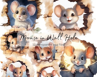 Mouse in Wall Hole Watercolor Clipart, Transparent PNG, Digital Download, Card Making Scrapbook, Cute Animal Illustration, Commercial Use