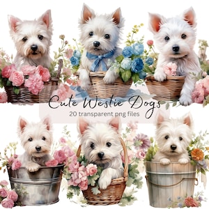 Cute Westie Dogs Watercolor Clipart Bundle, Transparent PNG, Digital Download, Animal Card Making, Scrapbooking Junk Journal, Commercial Use