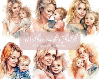 Mom and Child Watercolor Clipart Bundle, Transparent PNG, Digital Download, Card Making, Mother's Day Clipart, Mother's Love, Commercial Use