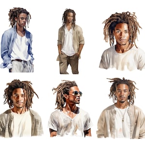 May include: Watercolor illustrations of a person with dreadlocks in various poses. The person is wearing a white shirt, a light blue shirt, and sunglasses in some of the images. The style is artistic and the background is white.