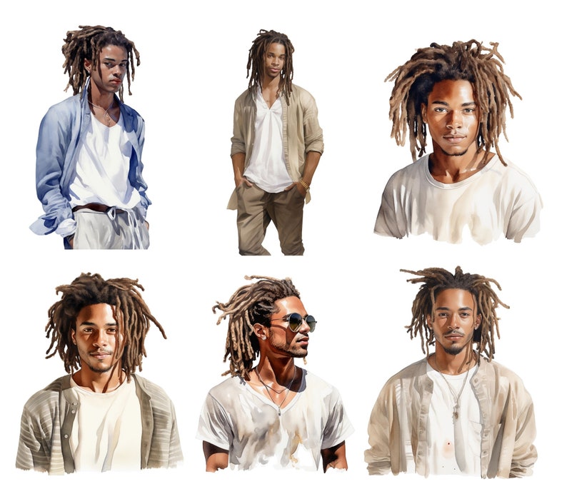 May include: Watercolor illustrations of a person with dreadlocks in various poses. The person is wearing a white shirt, a light blue shirt, and sunglasses in some of the images. The style is artistic and the background is white.