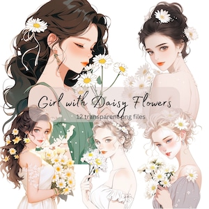 Daisy Flower Girls Watercolor Clipart Bundle, transparent PNG, Portrait Girl, Fashion Clipart, Paper craft, Card Junk Journal Scrapbooking