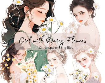 May include: A digital illustration set of 12 transparent PNG files featuring four women with daisy flowers. The women have long, flowing hair and are wearing various outfits. The flowers are white with yellow centers and are arranged in bouquets and single stems.
