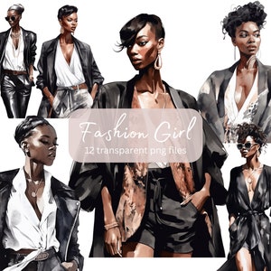 Fashion Girl Watercolor Clipart Bundle, Transparent PNG, Digital Download, Card Making Woman,Black Girl clipart Illustration, Commercial Use