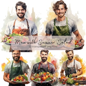 Mann mit Sommersalat Aquarell Clipart Bundle, transparente PNG, digitaler Download, Kartenherstellung Scrapbook Junk Journal Kommerzielle Nutzung