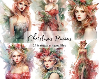 Kerst Pixies aquarel clipart bundel, transparante PNG, mooi meisje Fairy Fantasy, papier ambachtelijke, junk Journal scrapbooking, commercieel gebruik