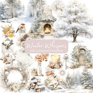 Könnte beinhalten: Aquarell-Digital-Art-Set mit dem Titel "Winter Whispers", das eine verschneite Landschaft mit einem Kamin, einem schlafenden Fuchs und verschiedenen winterlichen Elementen zeigt. Das Set enthält 100 transparente PNG-Dateien.