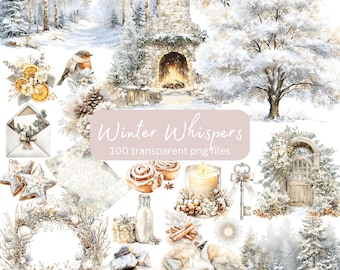 Pacote de clipart em aquarela Winter Whispers, PNG transparente, download digital, criação de cartões para scrapbooking, diário de lixo, cottagecore aconchegante