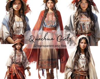 Quechua Girls Clipart, transparent PNG, Pretty Girls Clipart, Fantasy illustration, Paper craft, Junk Journal Scrapbooking, Card Making