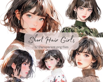 Short Hair Anime Girl Watercolor Clipart Bundle, Transparent PNG, Digital Download, Card Making Woman, Bob Hair style Fashion,Commercial Use