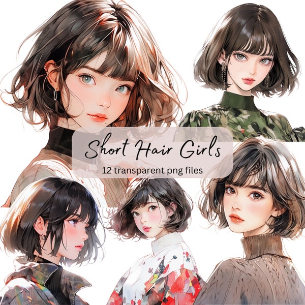 Short Hair Anime Girl Watercolor Clipart Bundle, Transparent PNG, Digital Download, Card Making Woman, Bob Hair style Fashion,Commercial Use