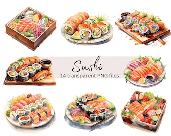 Sushi Clipart Bundle, PNG Transparent, téléchargement numérique, aquarelle nourriture Clipart, fabrication de cartes, scrapbooking Junk Journal, usage Commercial