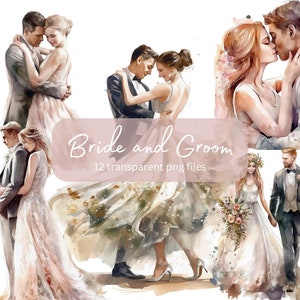Wedding Couple Watercolor Clipart Bundle, Junk Journal Bride Groom ,Transparent PNG, Romantic clipart, Digital Download, Commercial Use