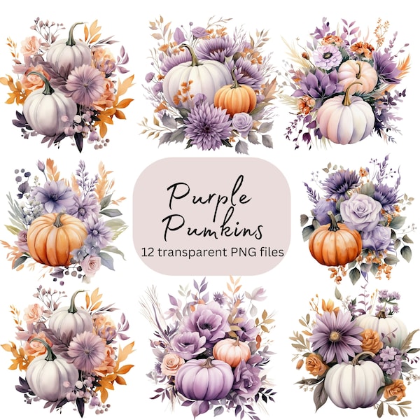 Purple Pumpkins Watercolor Clipart Bundle, Transparent PNG, Digital Download, Home Decoration Card Making, Junk Journaling, Commercial Use
